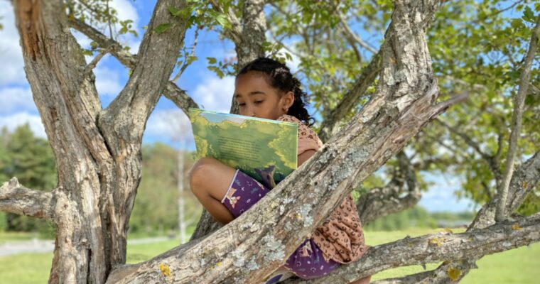 Flicka sitter upp i ett träd och läser bok