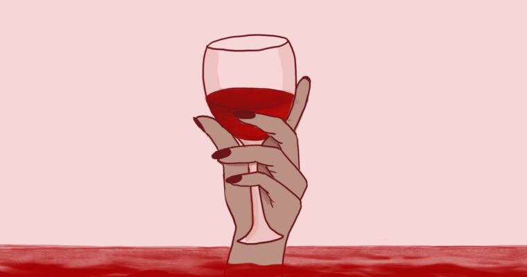 Tecknad bild av en hand som håller ett glas rött vin