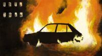 tecknad bild av en bil som brinner