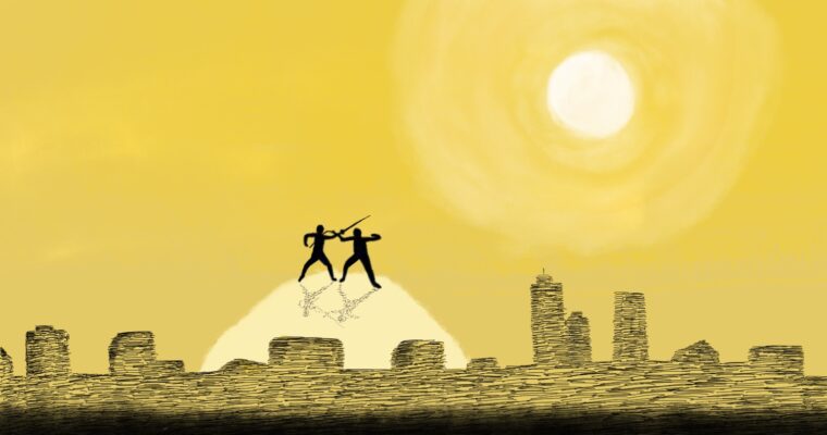 illustration av en stadssiluett där två personer fäktas på en kulle