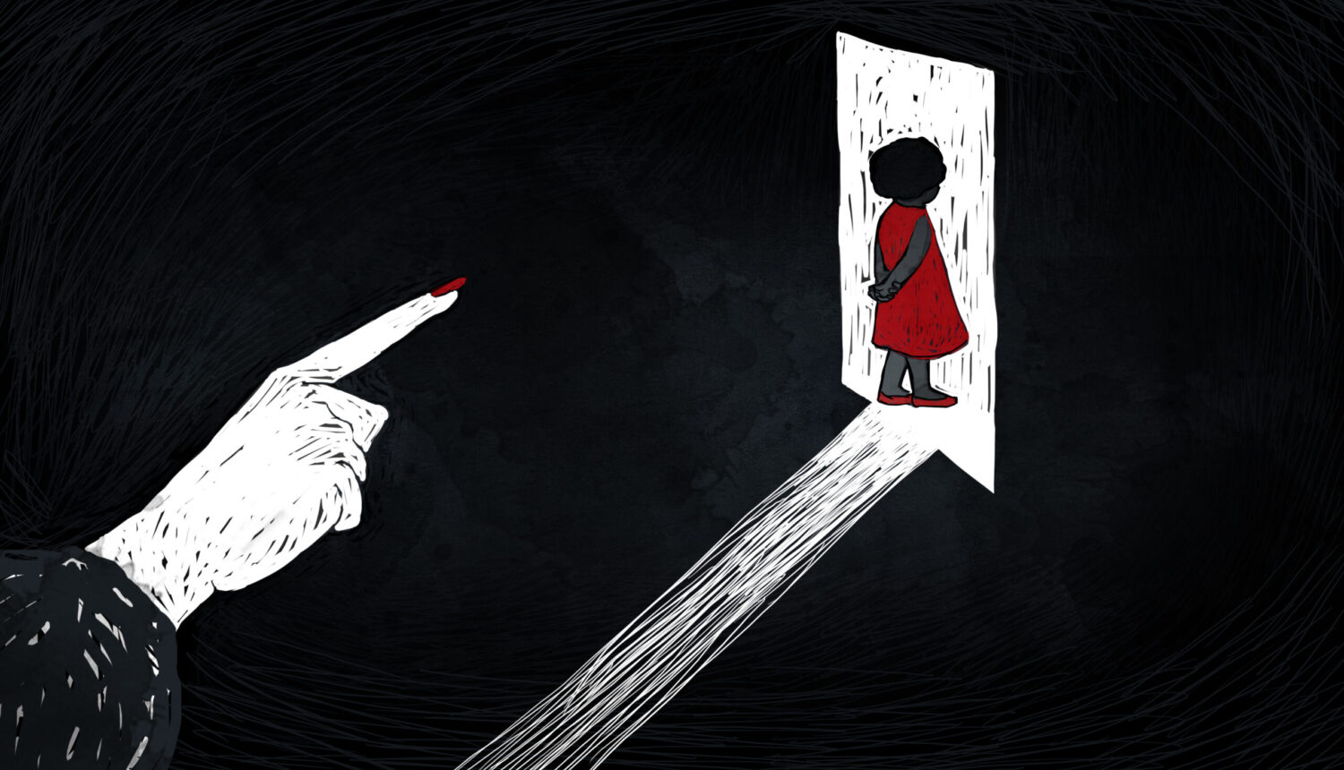 En teckning när en liten flicka i röd klänning, visas ut från ett mörkt rum.