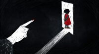 En teckning när en liten flicka i röd klänning, visas ut från ett mörkt rum.