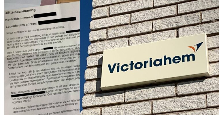Två bilder sammanslagna, ett brev från hyresvärden Victoriahem och en skylt på en husfasad där det står Victoriahem.