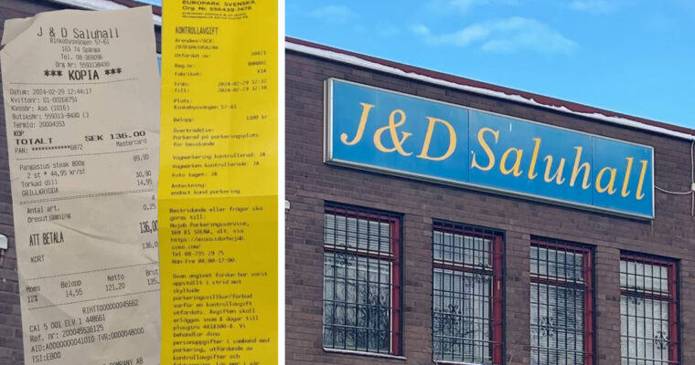 sammanslagen bild på parkeringsböter, kvitto och butiksskylt med texten "J&D Saluhall"