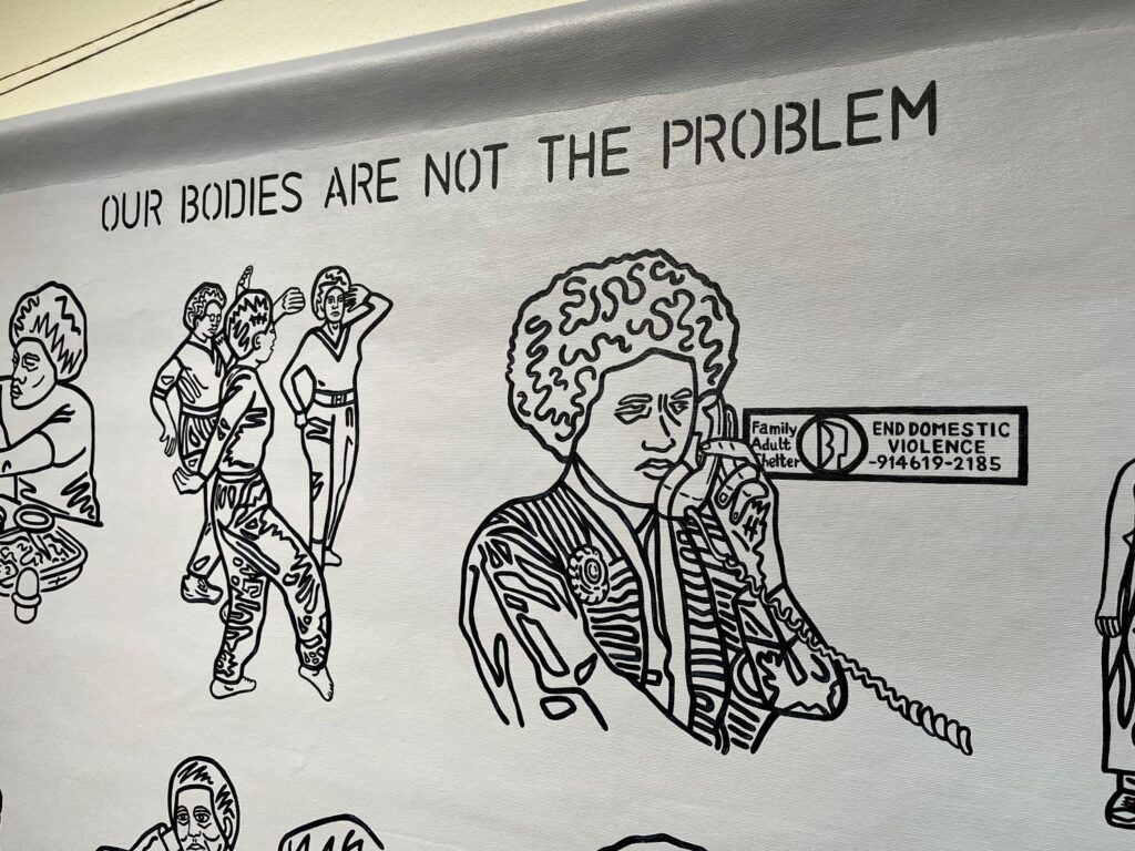 svarta illustrationer på vit bakgrund av kvinnor under texten "Our Bodies Are Not the Problem"
