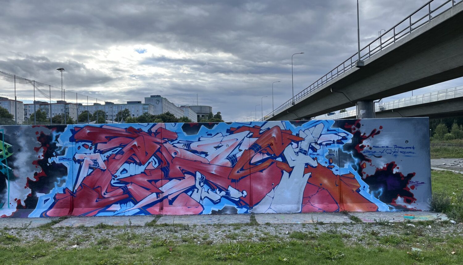 bild på graffitivägg bredvid en motorväg i förorten