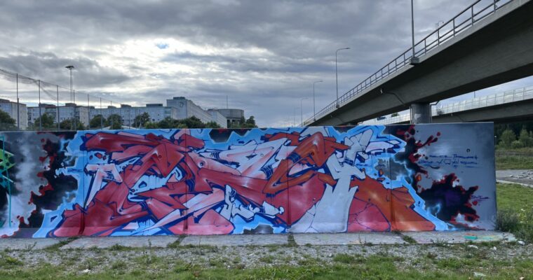 bild på graffitivägg bredvid en motorväg i förorten