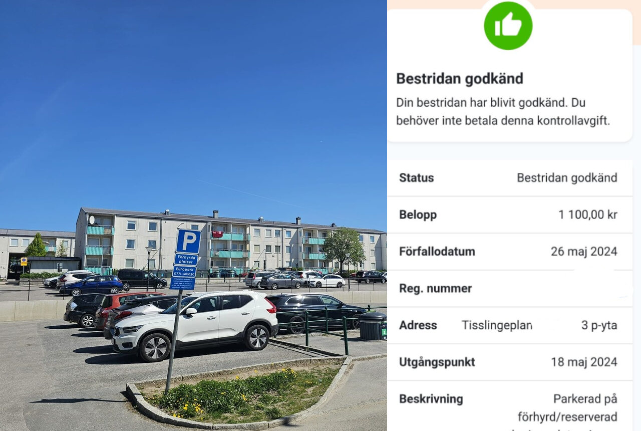 sammanslagen bild på en parkering och en godkänd p-botsbestridan