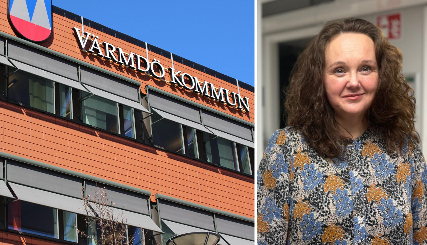 sammanslagen bild på fasad för Värmdö kommun och en kvinna som fått tjänsten som ny direktör