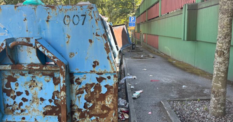 En container med sopor, även utanför den.