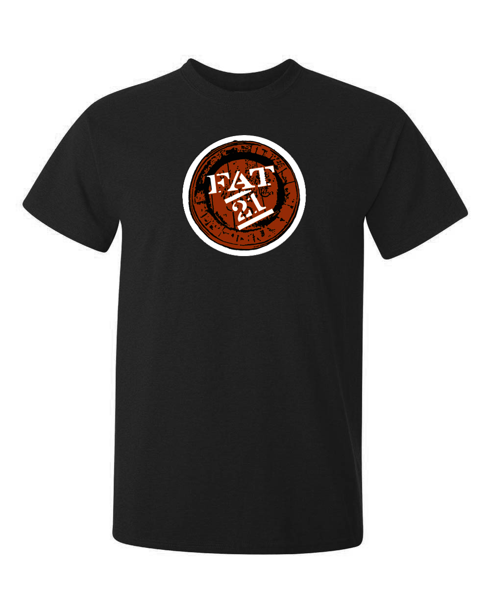 FAT21 logga tryckt på en t-shirt i svart eller brunt. tröjan är av hög kvalitet.