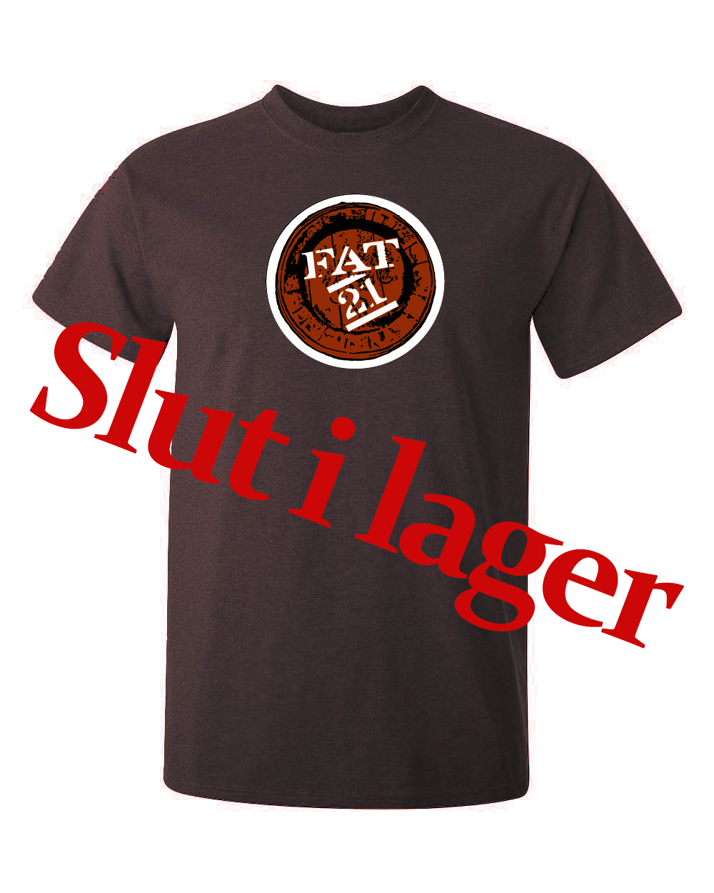 FAT21 logga tryckt på en t-shirt i svart eller brunt. tröjan är av hög kvalitet.