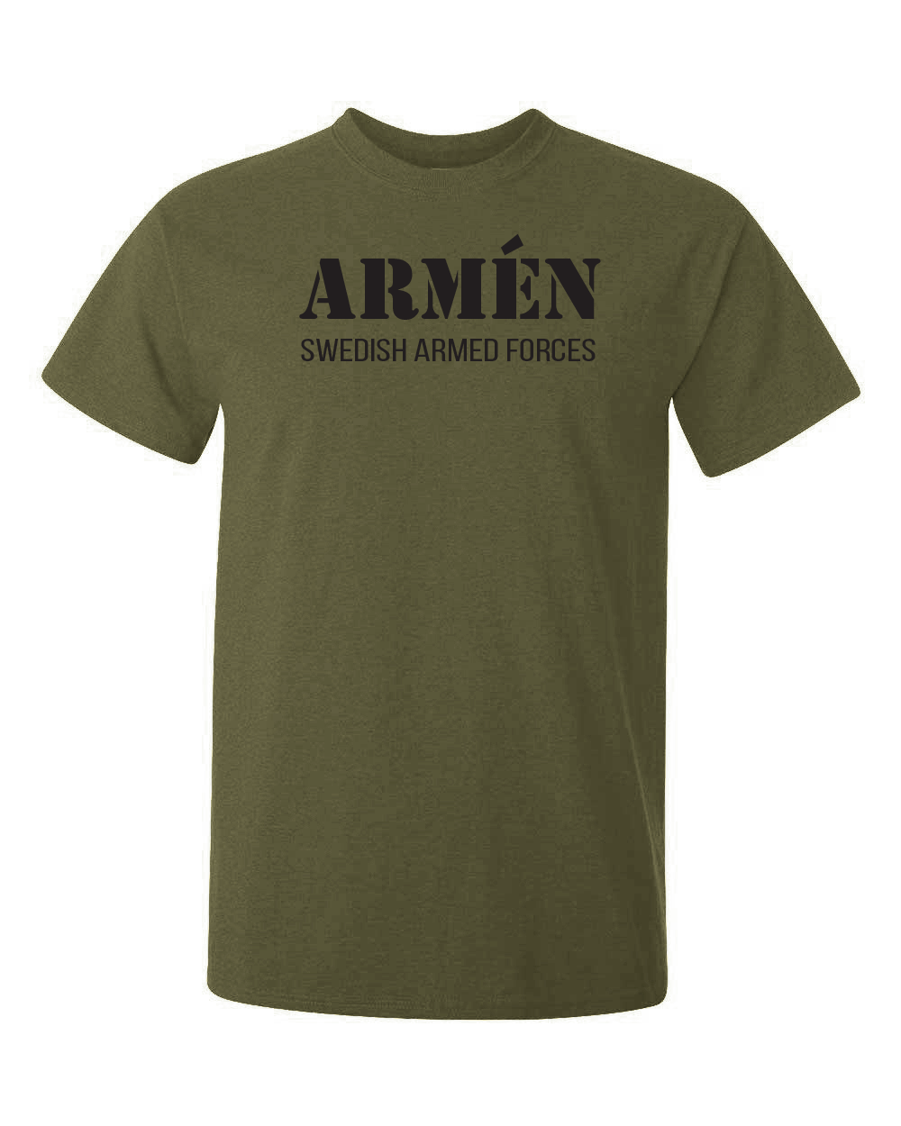 olivgrön tshirt med svarttext och texten armen swedish armed forces