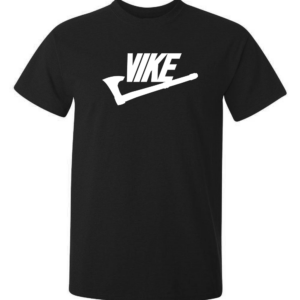 kända märket Nike i en kombination med viking blir coolare och tuffare alltså Vike, tryckt på svart t-shirt