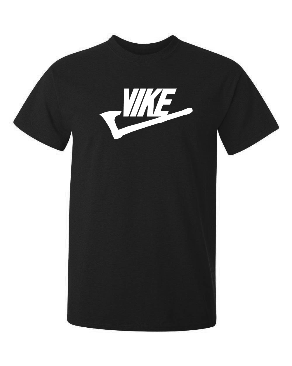 kända märket Nike i en kombination med viking blir coolare och tuffare alltså Vike, tryckt på svart t-shirt