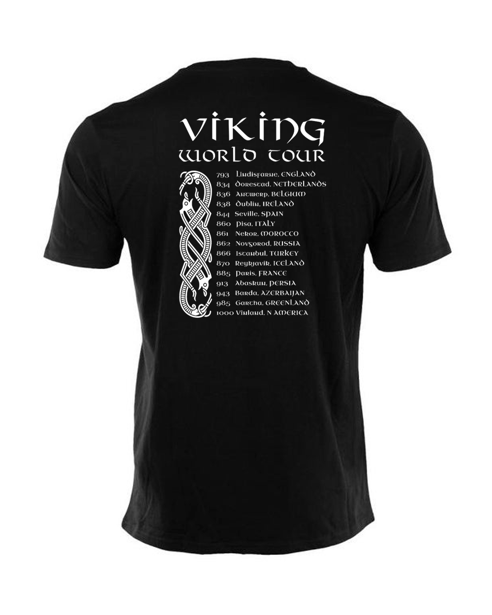 Vikingarnas turneshema tryckt på ryggen på en svart tshirt och fungerar som en historisk kalender.