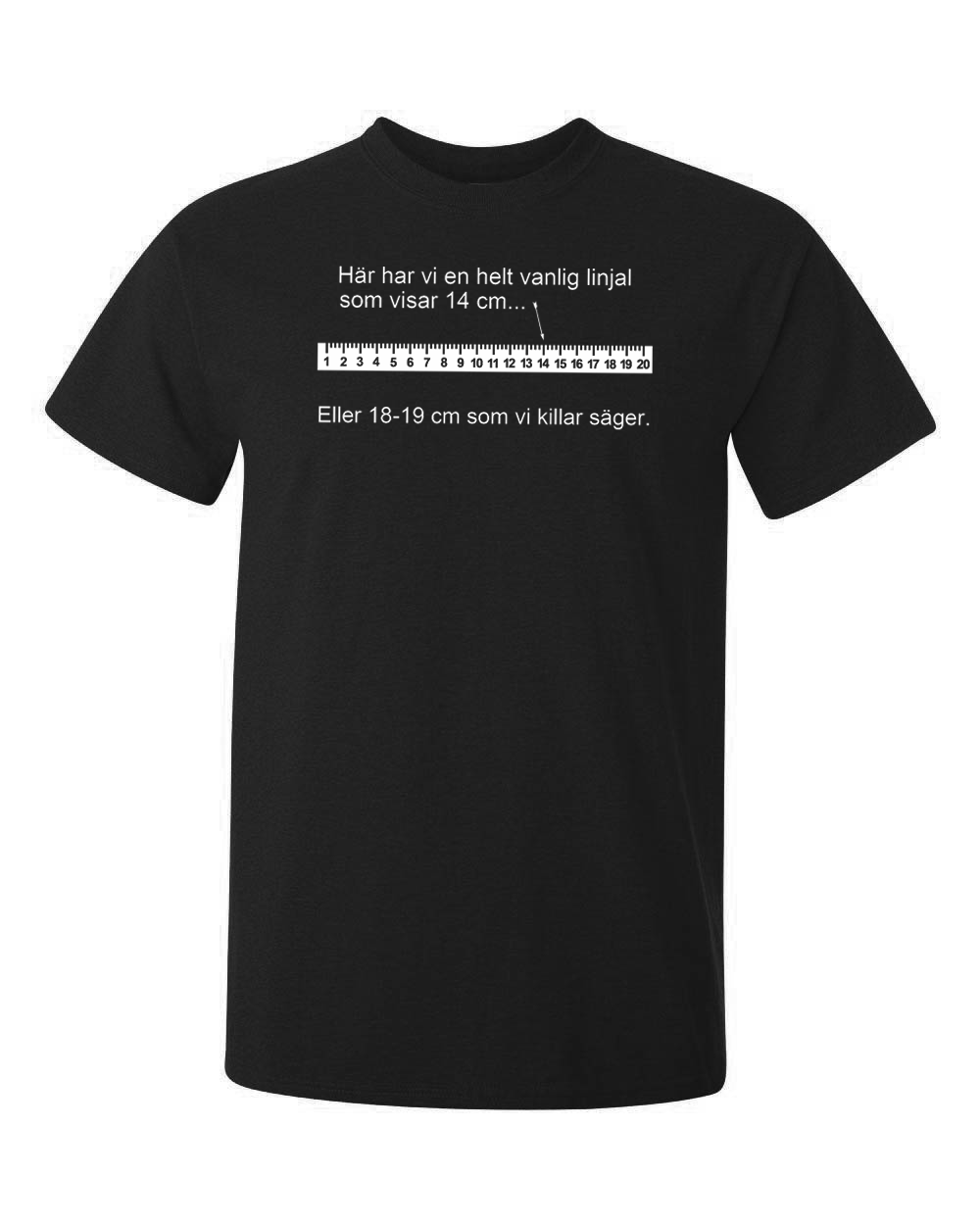 En svart t-shirt med tryck av en linjal och rolig text