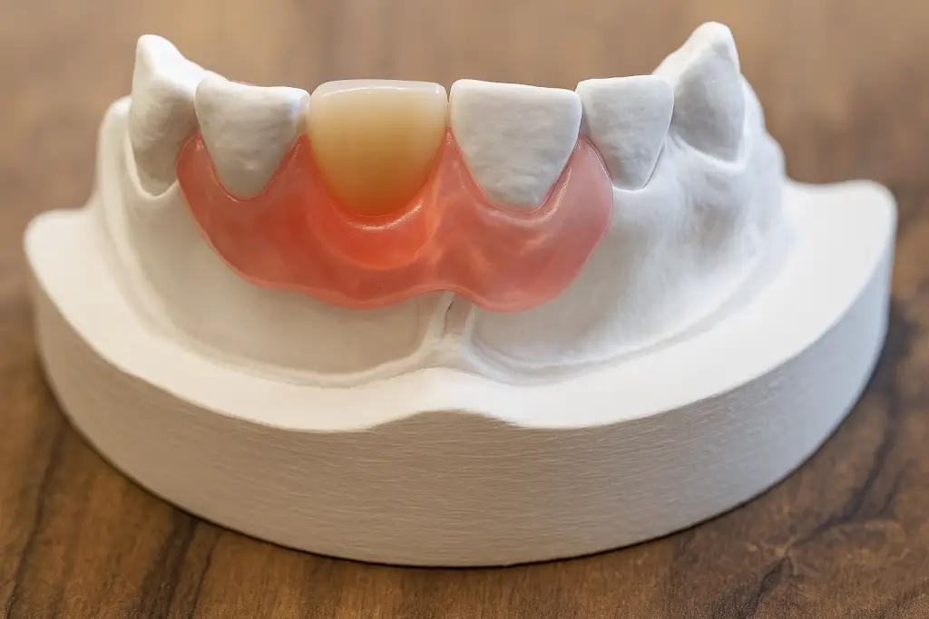 Model af delprotese med kunstig fortand i akrylbase