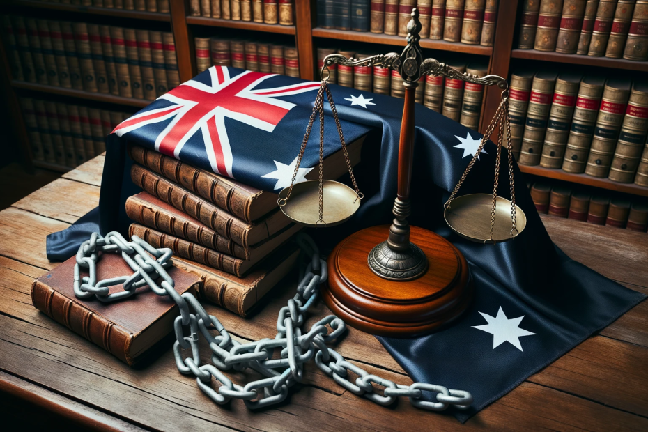 Wooden judge's bench draped with the Australian flag, books wrapped in chains symbolizing restriction, and legal scales of justice.