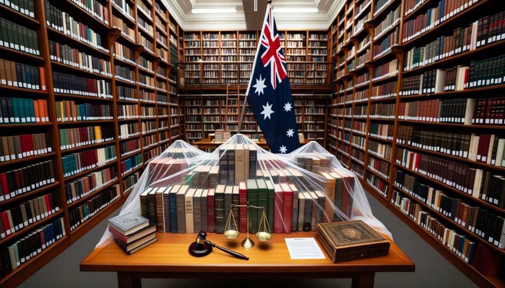 Library setting with shelves full of books, a display table showcasing banned books veiled, with the Australian flag and legal items in the background.