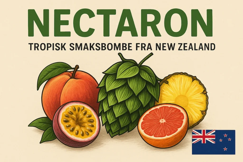 Tropiske frukter, en humlekongle og New Zealands flagg som illustrerer smakene og opprinnelsen til Nectaron-humlen.