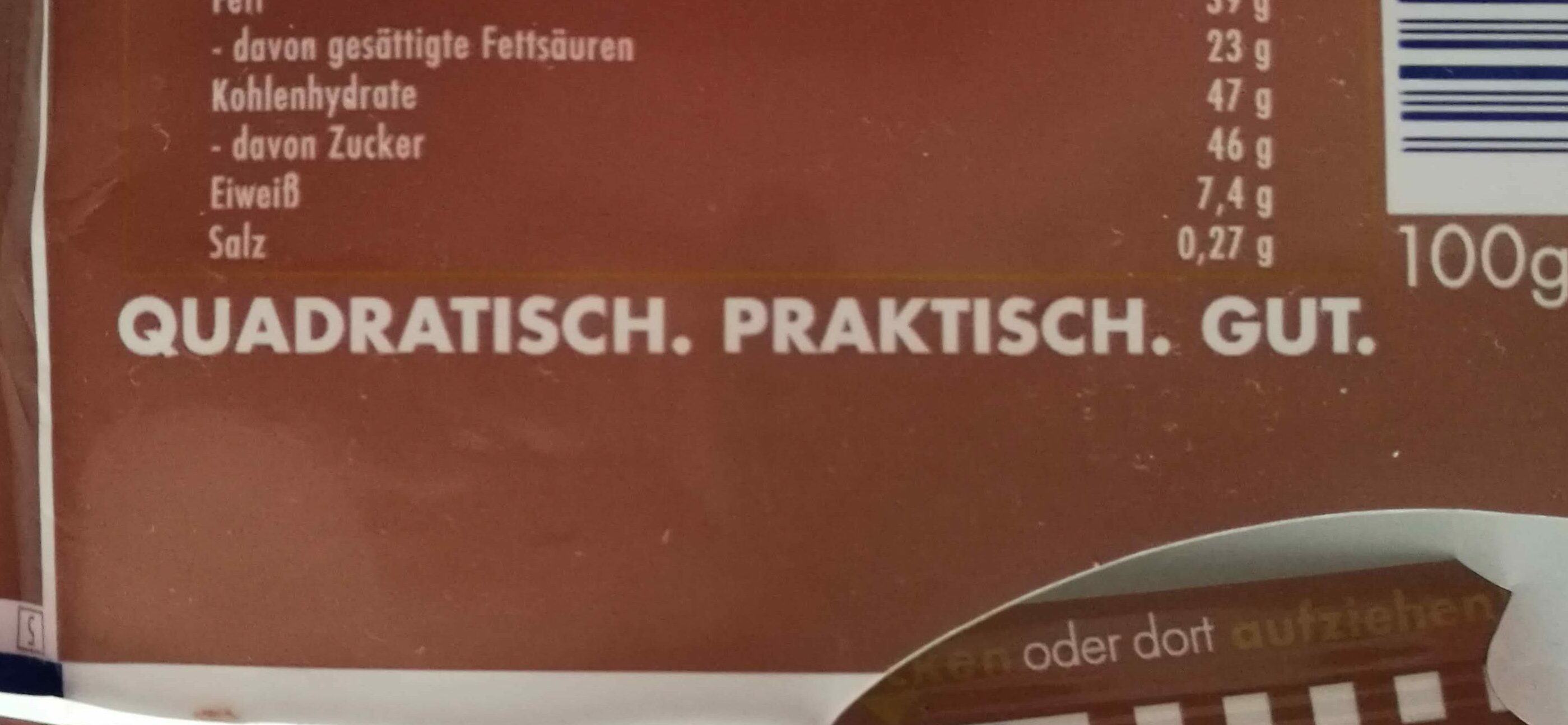 Baksidan av en förpackning choklad av märket Ritter sport. I mitten syns deras retoriskt fantastiska slogan i form av ett tretal: "Quadratich. Praktich. Gut."