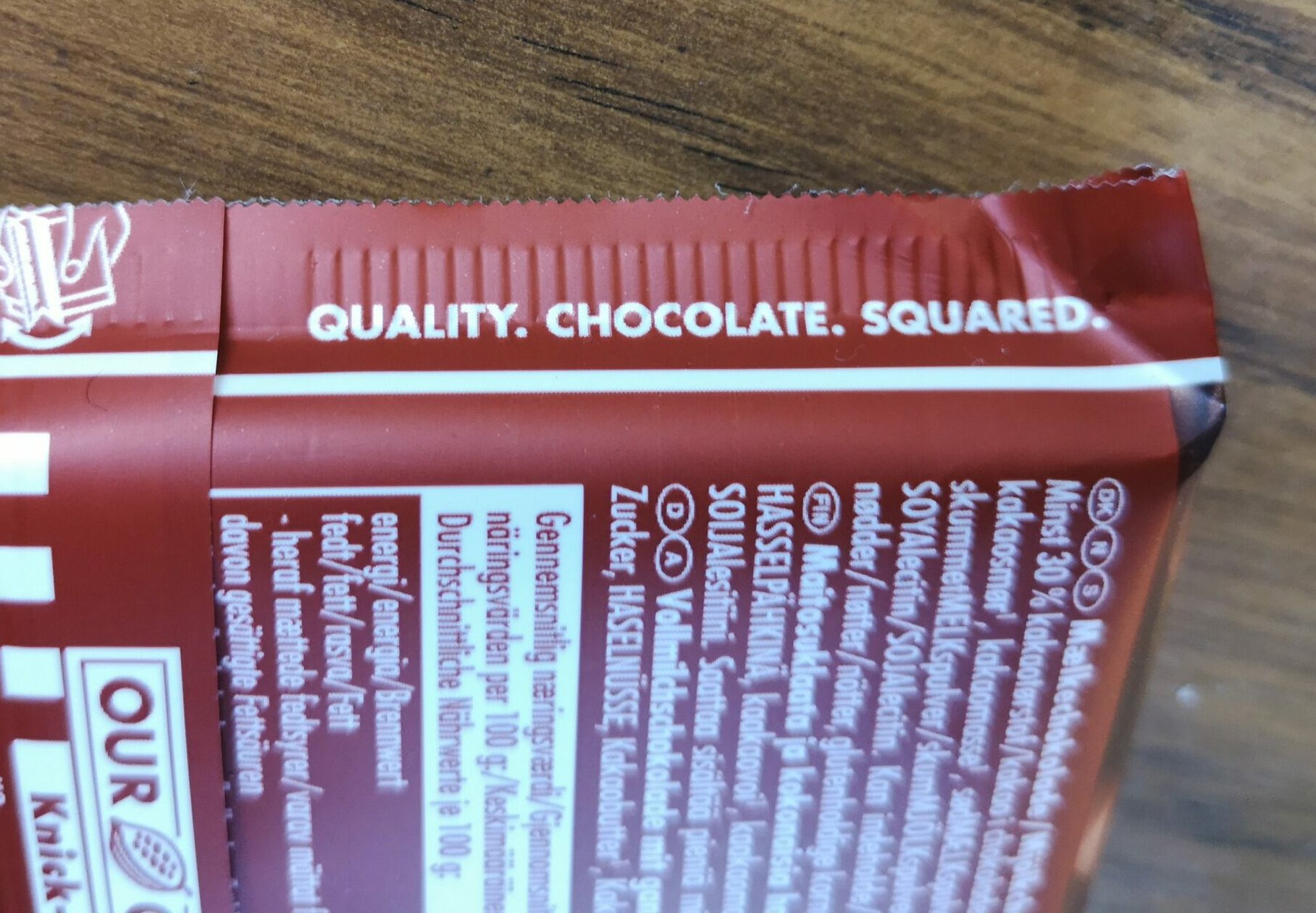 Närbild på en förpackning choklad av märket Ritter sport. I centrum står sloganen "Quality. Chocolate. Squared." som förstås är retorik i praktiken i form av ett tretal.