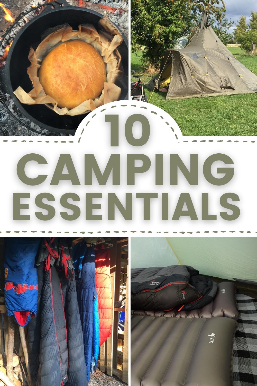 4 picutres of a dutchoven, tent, sleepingbags and sleeping mats.