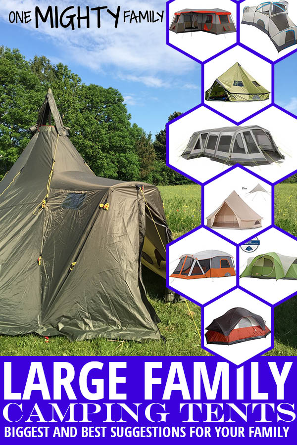 a collage of pictures of large family tents. Caption with white with a blue background. Caption reads "Large family camping tents - Biggest and best suggestions for your family"