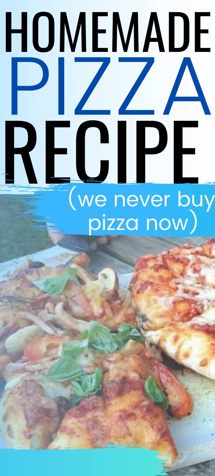 Picture of a pizza with the caption, homemade pizza recipe
