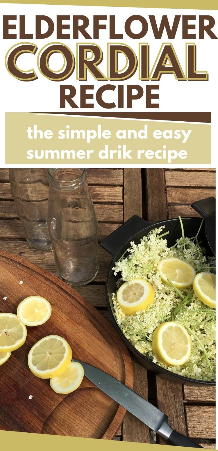 Picture of elderflowers and lemons - with a caption of Elderflower Cordial Recipe.