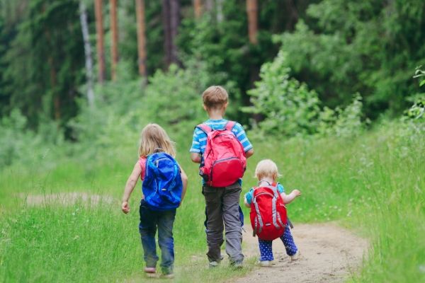 three kids walking on a forest path