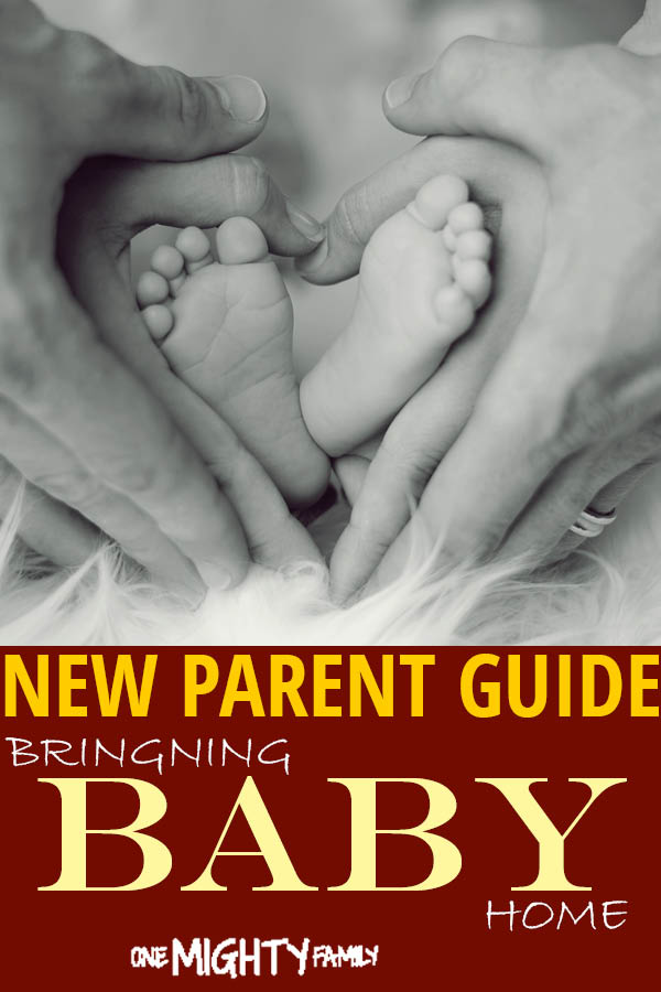 Baby feet gently placed in the hands of parents, with the caption New Parent guide, Bringing baby home