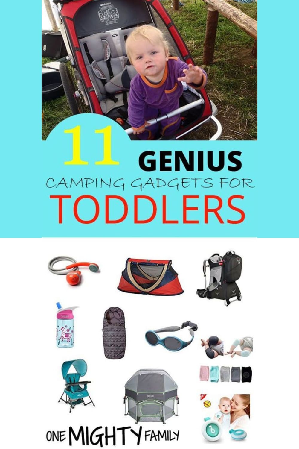 picture of a toddler in a chariot stroler - with pictures of other genius gadgets for toddlers and babies when you go camping