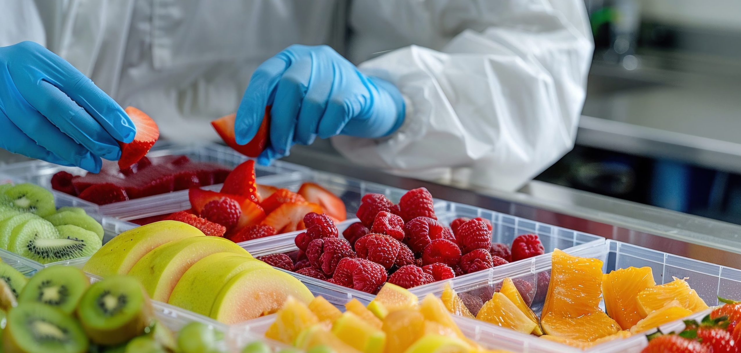 A laboratory technician in gloves preparing colorful fruit samples in a clinical research facility, focusing on food quality and safety.