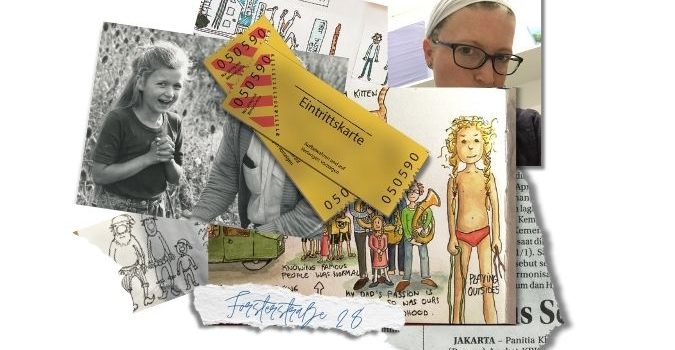 ein Stapel von Fotos, Papierschnipseln und Zeichnungen