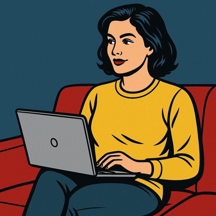 Pop-Up Bild einer Frau mittleren Alters, die entspannt auf dem Sofa sitzt, auf dem Schoß einen Laptop hat und nachdenklich übr den Bildschirm hinweg schaut