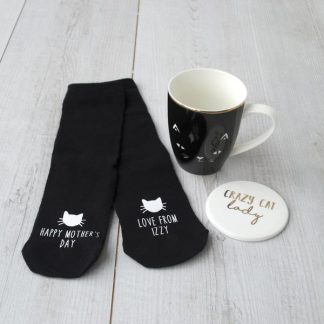 Crazy Cat Lady Personalised Mug, Coaster And Sock Set - Mother’s Day. Celebrate a great cat mum with this wonderful gift set for Mothers Day. Personalised in Derbyshire by a lovely skilled team. Sock material: 75% Cotton, 23% Nylon, 2% Lycra. Mug and coaster: Ceramic.