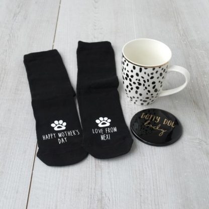 Spotty Personalised Dog Mug, Coaster And Sock Set - Mother’s Day! Celebrate a great dog mum with this wonderful gift set for Mothers Day. Personalised in Derbyshire by a lovely skilled team. Sock size: 4-7. Sock material: 75% Cotton, 23% Nylon, 2% Lycra. Mug and coaster: Ceramic.