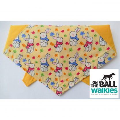 This beautiful design has a panel of bunny rabbits, complimented by a soft yellow background. This tie on style bandana is adjustable and extremely comfortable for your dog to wear. Handmade with great care and attention to detail and worn all over the world! Machine washable at 40 degrees.