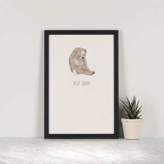 This A5 Deep Shame - English Bulldog Print makes the perfect gift for any age! Printed with archival inks on 310gsm, 100% cotton rag, German Etching paper. Individually packed in a clear plastic sleeve with a cardboard backing.
