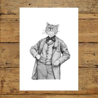 A self satisfied cat print in black and white. Printed with archival inks on 310gsm, 100% cotton rag, German Etching paper. Individually packed in a clear plastic sleeve with a cardboard backing.