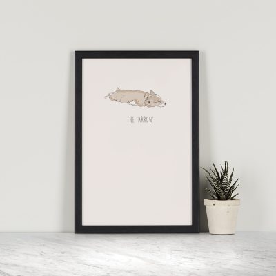 This A5 Arrow - Corgi Print makes the perfect gift for any age! Printed with archival inks on 310gsm, 100% cotton rag, German Etching paper. Individually packed in a clear plastic sleeve with a cardboard backing.