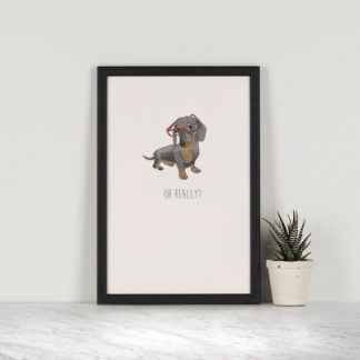 This A5 Oh Really – Daschund Print makes the perfect gift for any age! Printed with archival inks on 310gsm, 100% cotton rag, German Etching paper. Individually packed in a clear plastic sleeve with a cardboard backing.