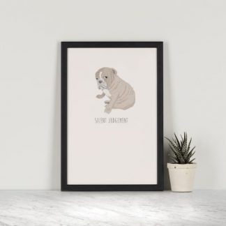 This A5 Silent Judgement – English Bulldog Print makes the perfect gift for any age! Printed with archival inks on 310gsm, 100% cotton rag, German Etching paper. Individually packed in a clear plastic sleeve with a cardboard backing.