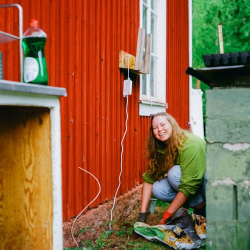 Happy volunteer is planting vegetables in the soil.