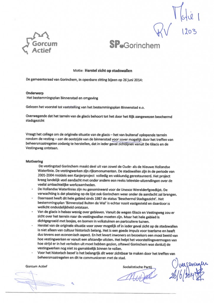 Motie 1 GA Herstel zicht op stadswallen