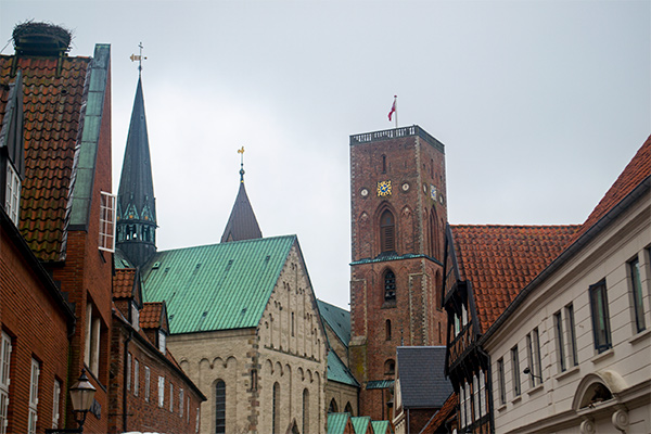 Fra toppen af Ribe Domkirkes tårn kan du skue over hele det flade landskab.