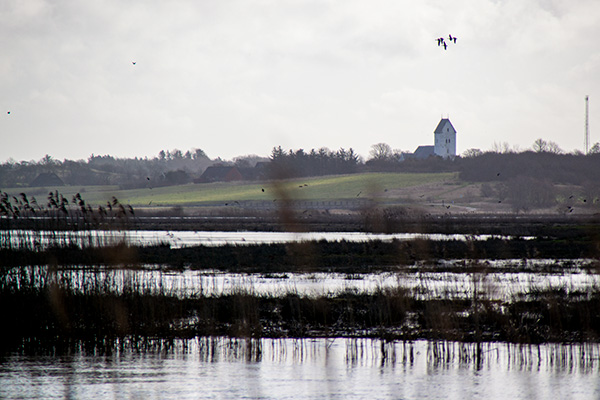 Lønborg Kirke troner over ådalen. Kirken er opført i 1400-tallet.