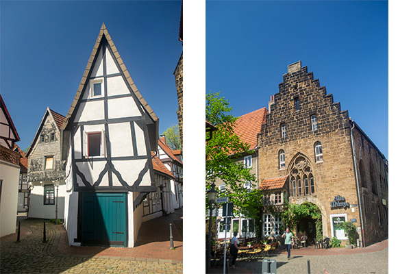 To highlights fra Schnurrviertel: bindingsværkshuset Windloch og 1200-talsstenhuset Alte Münze.
